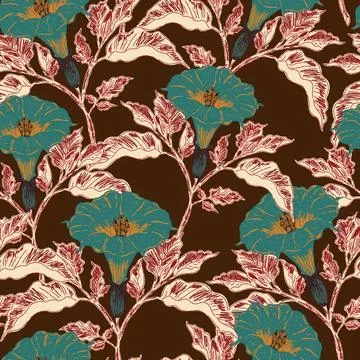 Seamless botanical pattern featuring blooming datura flowers and lush foliage Stock Illustration