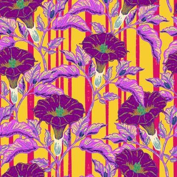 Seamless botanical pattern featuring blooming datura flowers and lush foliage 스톡 일러스트