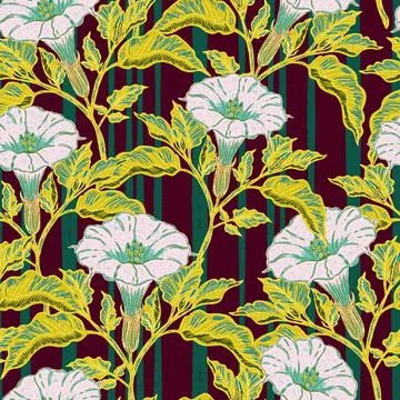 Seamless botanical pattern featuring blooming datura flowers and lush foliage 스톡 일러스트