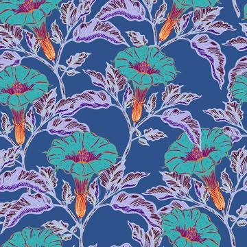 Seamless botanical pattern featuring blooming datura flowers and lush foliage 스톡 일러스트