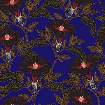 Seamless botanical pattern featuring blooming datura flowers and lush foliage イラスト素材