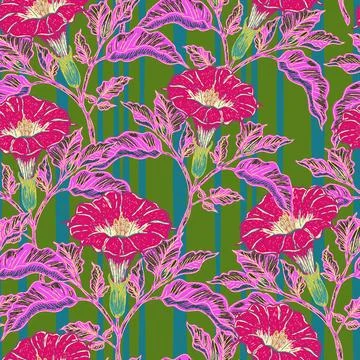 Seamless botanical pattern featuring blooming datura flowers and lush foliage Stock-Illustration