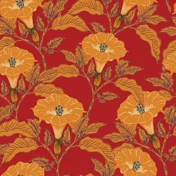 Seamless botanical pattern featuring blooming datura flowers and lush foliage Stock Illustration