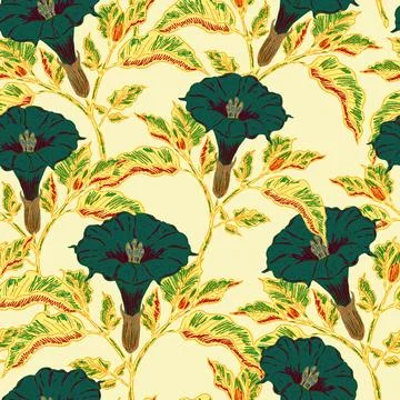 Seamless botanical pattern featuring blooming datura flowers and lush foliage イラスト素材