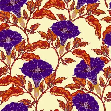 Seamless botanical pattern featuring blooming datura flowers and lush foliage Stock Illustration