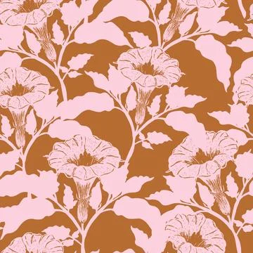 Seamless botanical pattern featuring blooming datura flowers and lush foliage Stock Illustration