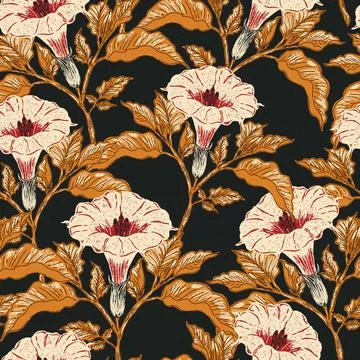 Seamless botanical pattern featuring blooming datura flowers and lush foliage Stockillustratie