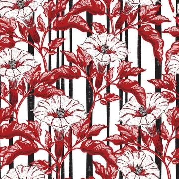 Seamless botanical pattern featuring blooming datura flowers and lush foliage Stock Illustration