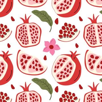 Seamless botanical pattern featuring pomegranates, green leaves and delicate  Stock Illustration