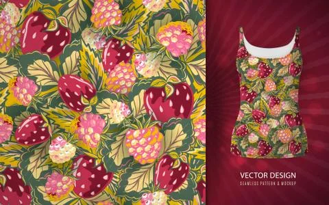 Seamless botanical pattern with flowers and berries of strawberry on green Stock Illustration
