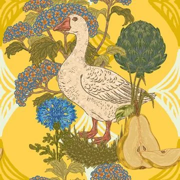 Seamless botanical pattern: geese, cornflowers, artichokes, hydrangeas, and p Stock Illustration