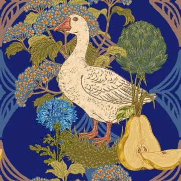 Seamless botanical pattern: geese, cornflowers, artichokes, hydrangeas, and p Stock Illustration