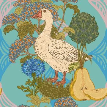 Seamless botanical pattern: geese, cornflowers, artichokes, hydrangeas, and p Stock Illustration