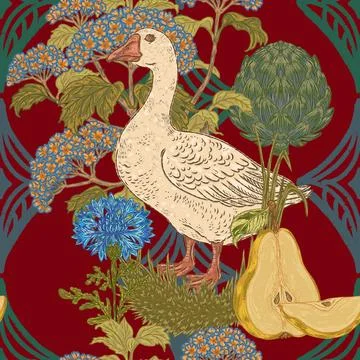 Seamless botanical pattern: geese, cornflowers, artichokes, hydrangeas, and p Stock Illustration