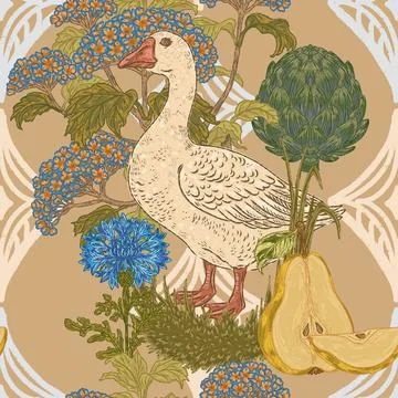 Seamless botanical pattern: geese, cornflowers, artichokes, hydrangeas, and p Stockillustratie