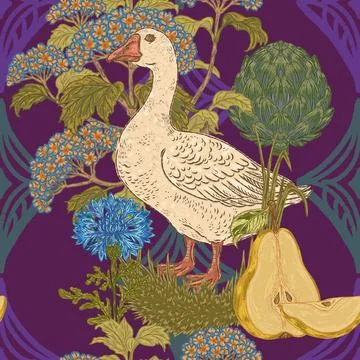 Seamless botanical pattern: geese, cornflowers, artichokes, hydrangeas, and p Stock Illustration
