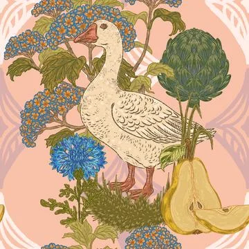 Seamless botanical pattern: geese, cornflowers, artichokes, hydrangeas, and p Stock Illustration