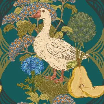 Seamless botanical pattern: geese, cornflowers, artichokes, hydrangeas, and p Illustrazione stock