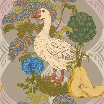 Seamless botanical pattern: geese, cornflowers, artichokes, hydrangeas, and p Illustrazione stock