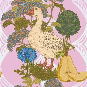 Seamless botanical pattern: geese, cornflowers, artichokes, hydrangeas, and p 스톡 일러스트