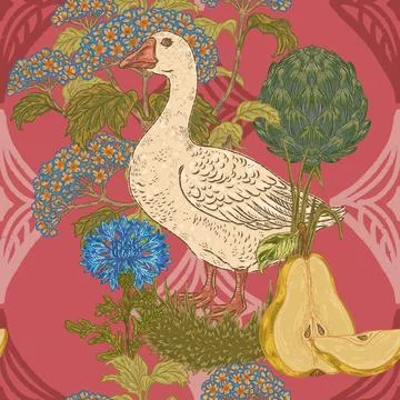 Seamless botanical pattern: geese, cornflowers, artichokes, hydrangeas, and p Stock Illustration
