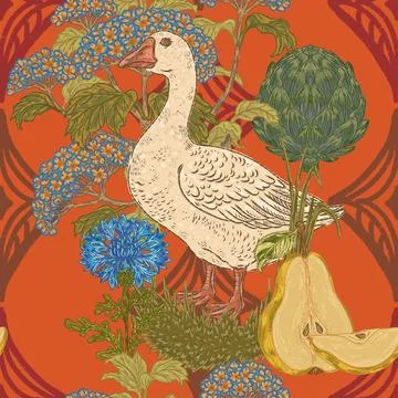 Seamless botanical pattern: geese, cornflowers, artichokes, hydrangeas, and p Stock Illustration