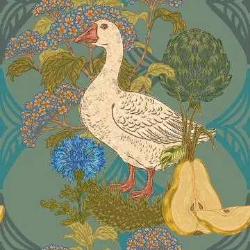 Seamless botanical pattern: geese, cornflowers, artichokes, hydrangeas, and p Stock Illustration