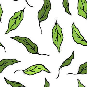 Seamless botanical pattern with hand-drawn green tea leaves on a light Illustrazione stock