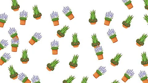 Seamless botanical pattern of lavender flowers and green indoor foliage in .. Illustrazione stock