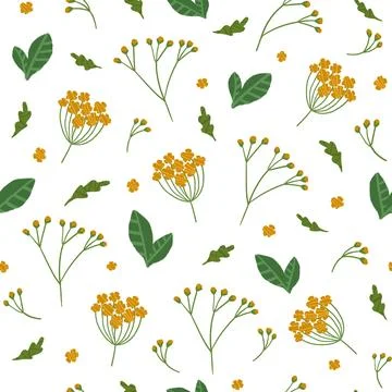 Seamless botanical pattern with leaves and flowers, hand drawn, not AI Stock Illustration