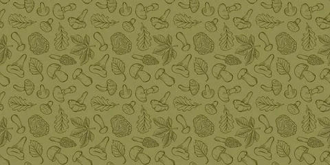 Seamless botanical pattern with mushroom and leaf in line art style. Nature and Stock Illustration