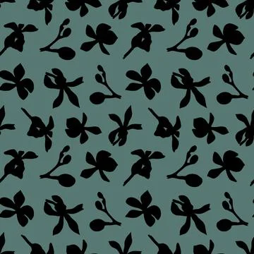 Seamless Botanical pattern of Orchid silhouettes on a green background Stock Illustration