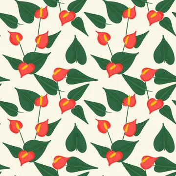Seamless botanical pattern with red flowers . Red anthurium with leaves イラスト素材