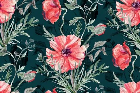 Seamless botanical pattern with red poppies and botanical silhouettes on a dark Stock Illustration