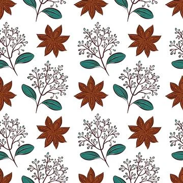 Seamless botanical pattern with star anise spices, green leaves and delicate Stock Illustration