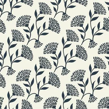 Seamless Botanical Pattern with Stylized Dark Blue Flowers on a Light Backg.. Stock Illustration