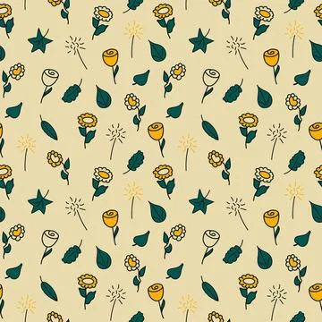 Seamless botanical pattern with summer leaves and flowers on a beige backgr.. Stock Illustration