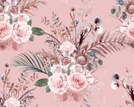 Seamless botanical pattern with watercolor flowers of roses and palm leaves Stock Illustration