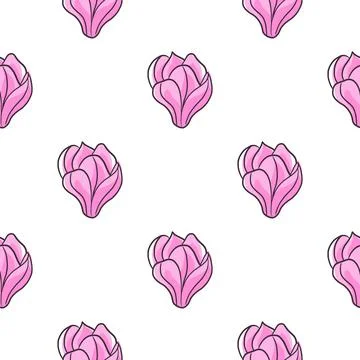 Seamless botany pattern with pink contoured magnolia ornament. Isolated flowe Stock Illustration