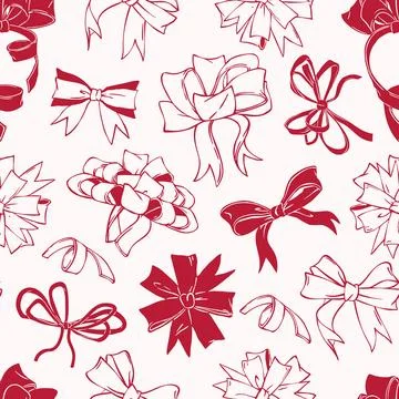 Seamless Bow Ribbon Doodle Pattern with Various Tied Bows and Curly Ribbons Stockillustratie