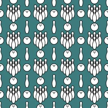 Seamless bowling patterns with repeating bowling pins and ball on sea green b Stock Illustration