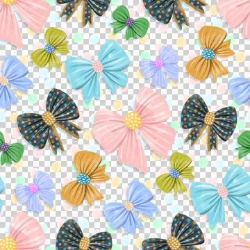 Seamless Bows Pattern, Hand Drawn Cute Colorful Ribbons on a White Background. Stock Illustration