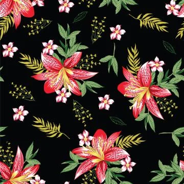 Seamless branches with leaf pattern red flower black background Stock Illustration