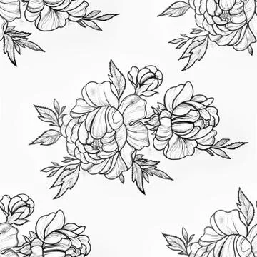 Seamless branches pattern beautiful peonies on a white background. Stock Illustration