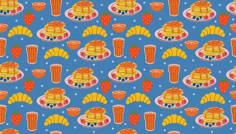 Seamless breakfast pattern in cartoon flat style featuring pancakes on plat.. Stock Illustration