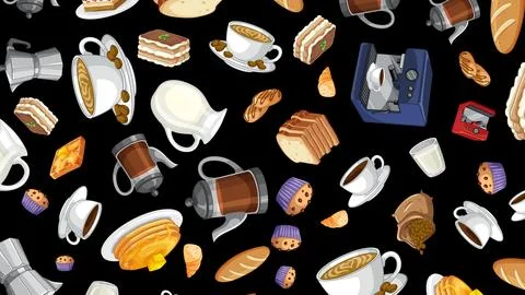 Seamless Breakfast Pattern with Coffee Cups Pastries and Espresso Machines Stock Illustration