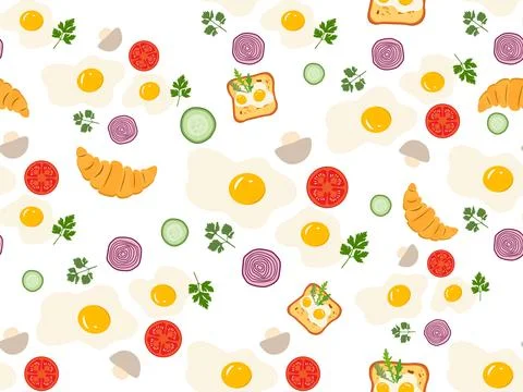 Seamless breakfast pattern with eggs, toast, vegetables, and herbs on white.. Illustrazione stock