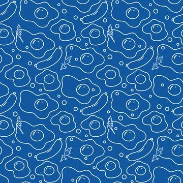 Seamless breakfast pattern with fried eggs, sausages, and herbs on blue bac.. Stock Illustration