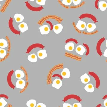 Seamless breakfast pattern with smiling faces made from fried eggs, bacon s.. 库存插图