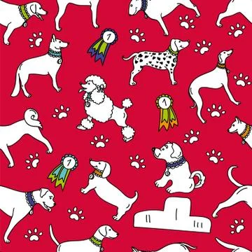 Seamless breeds dog pattern isolated on red background Stock Illustration